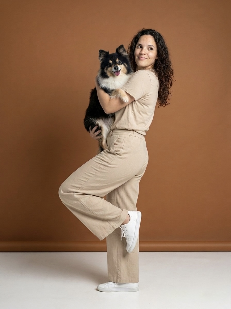 Rosa acompañando a un perro en sesión
